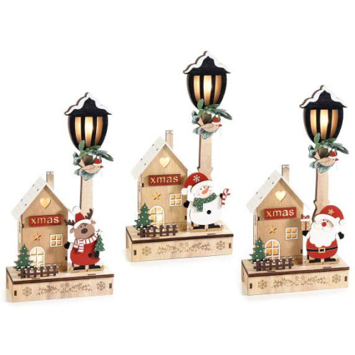 Božične hišice z leseno svetilko, motiv snežak